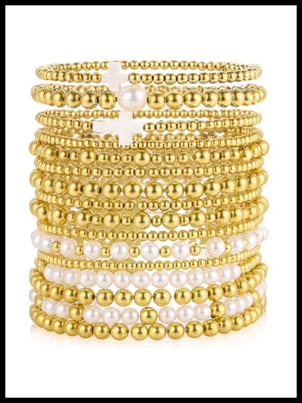 Gold Plated Bead & Pearl Stretch Bracelets for Women 16PC Stackable Set